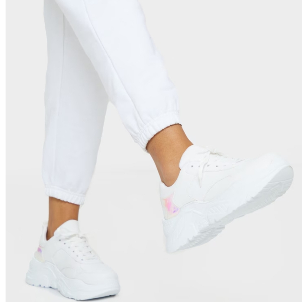 PrettyLittleThing White Platform Trainers with Pink Iridescent Heel